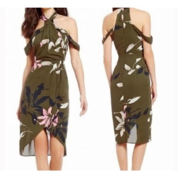 H by Halston Draped Halter Dress in Olive Floral 10‎ - Picture 1 of 9